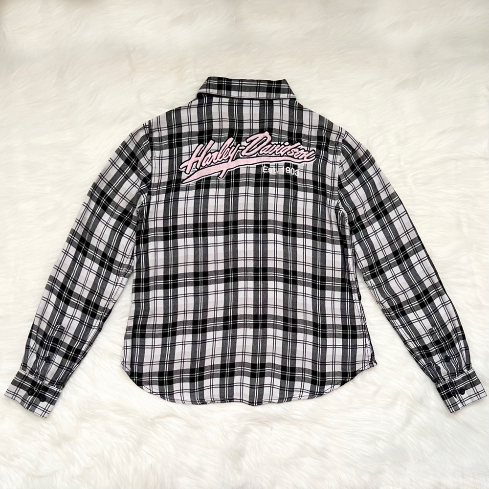 Harley Davidson Pink Label Breast Cancer Awareness Black & White Plaid Shirt Top